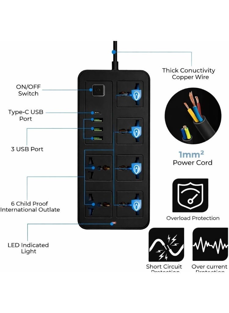 6 Way Extension Lead with USB & Type-C Fast Charging, Surge Protected UK 3 Pin Power Strip, Multi Plug Socket with 2M Heavy Duty Cable for Home, Office, Kitchen & Travel - Image 3
